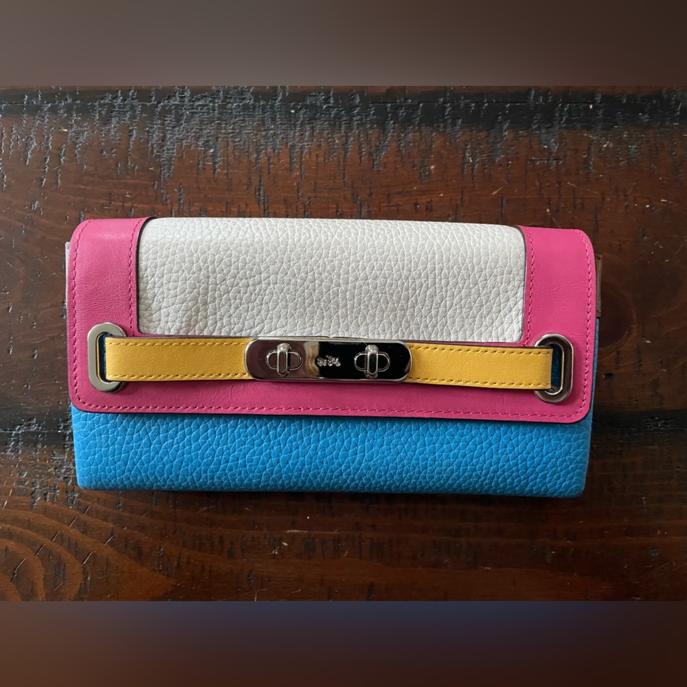 Coach Swagger Rainbow Colorblock genuine leather clutch wallet EC~